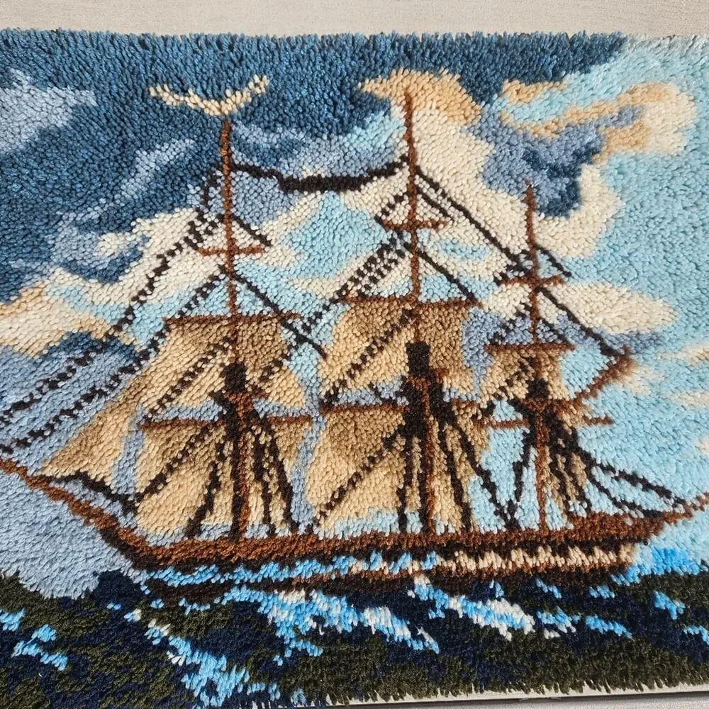 Vintage 70s Sailing Ship Latchhook Wall Hanging Tapestry, 39x28